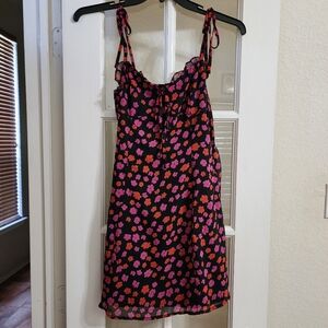 NWT Dress Forum LA Floral Mini Dress M Black Pink Smocked Tie Strap